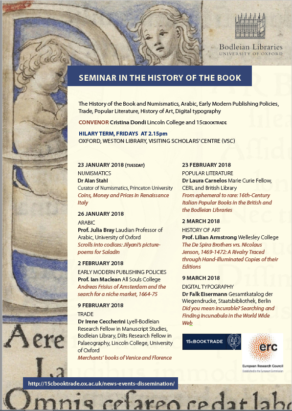 Seminar in the History of the Book Programme, Hilary Term 2018